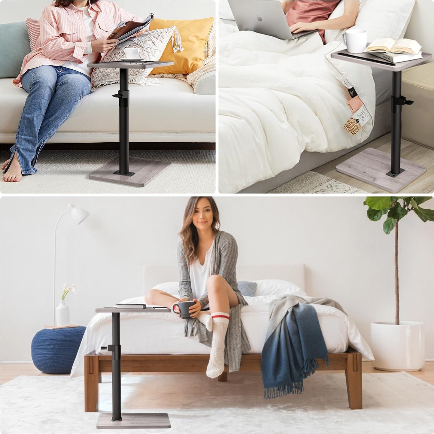 YUHFERA Sofa Armrest Tray Table for Couch - 360° Swivel Height Adjustable End for Small Spaces, Snack Side Table for Bed or Chair with Phone & Tablet Slot (Rustic,Standard)