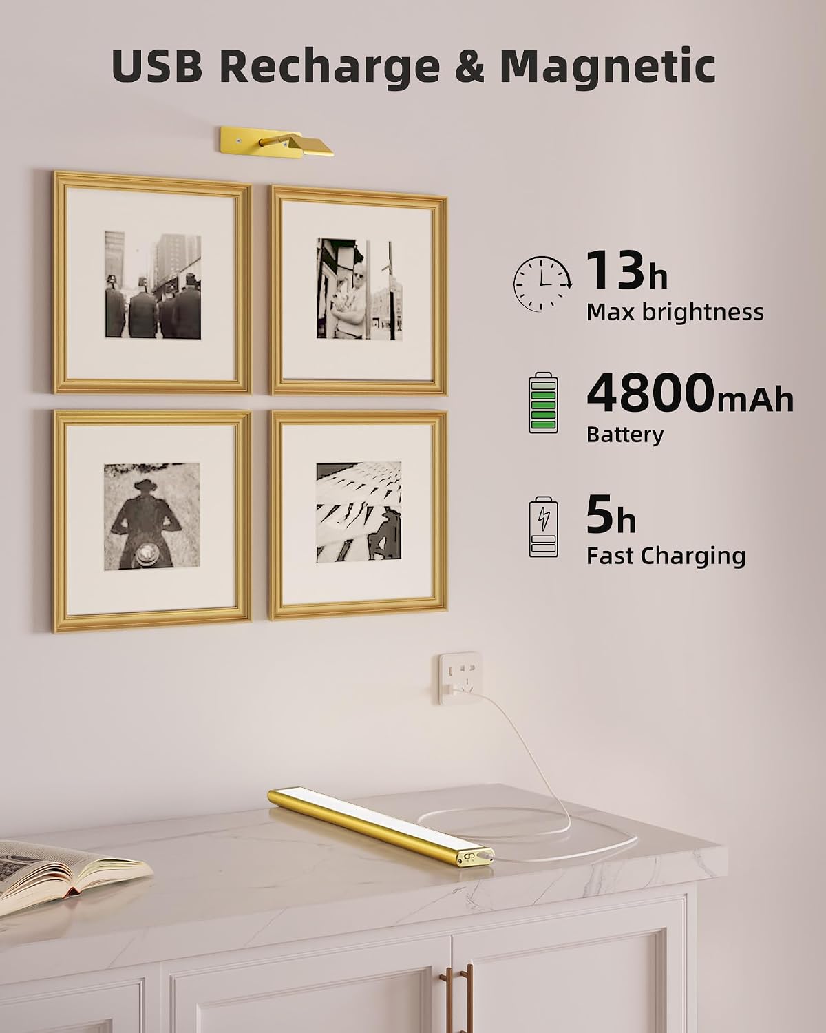EZVALO Picture Light for Wall, 4800mAh Rechargeable Wireless Gold Light with IR Remote, Dimmable Magnetic LED Art Display Light with 3 Color Temperatures, for Gallery, Living Room, Bedroom(2Pack)