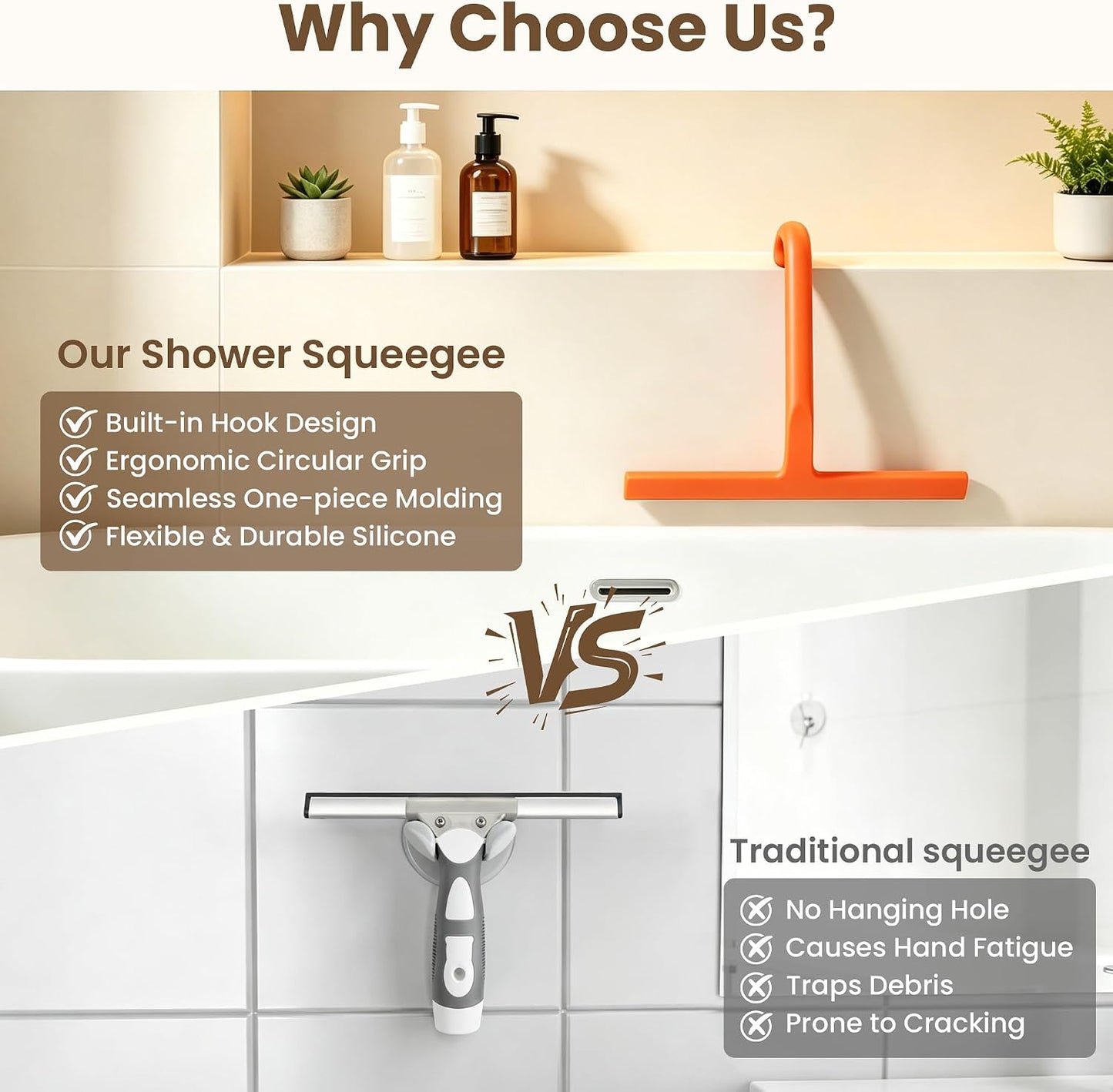 10 Inch Silicone Shower Squeegee for Glass Doors, Streak-Free, Black | No-Squeak Silicone Blade, Ergonomic Round Grip and Built-In Hook for Quick Daily Cleaning of Shower Glass, Tile and Windows