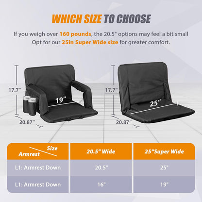 20.5"/25" Wide Stadium Seat for Bleachers w/Back Support Padded Cushion Portable Reclining Bleacher Seats Camping Stadium Chair Waterproof