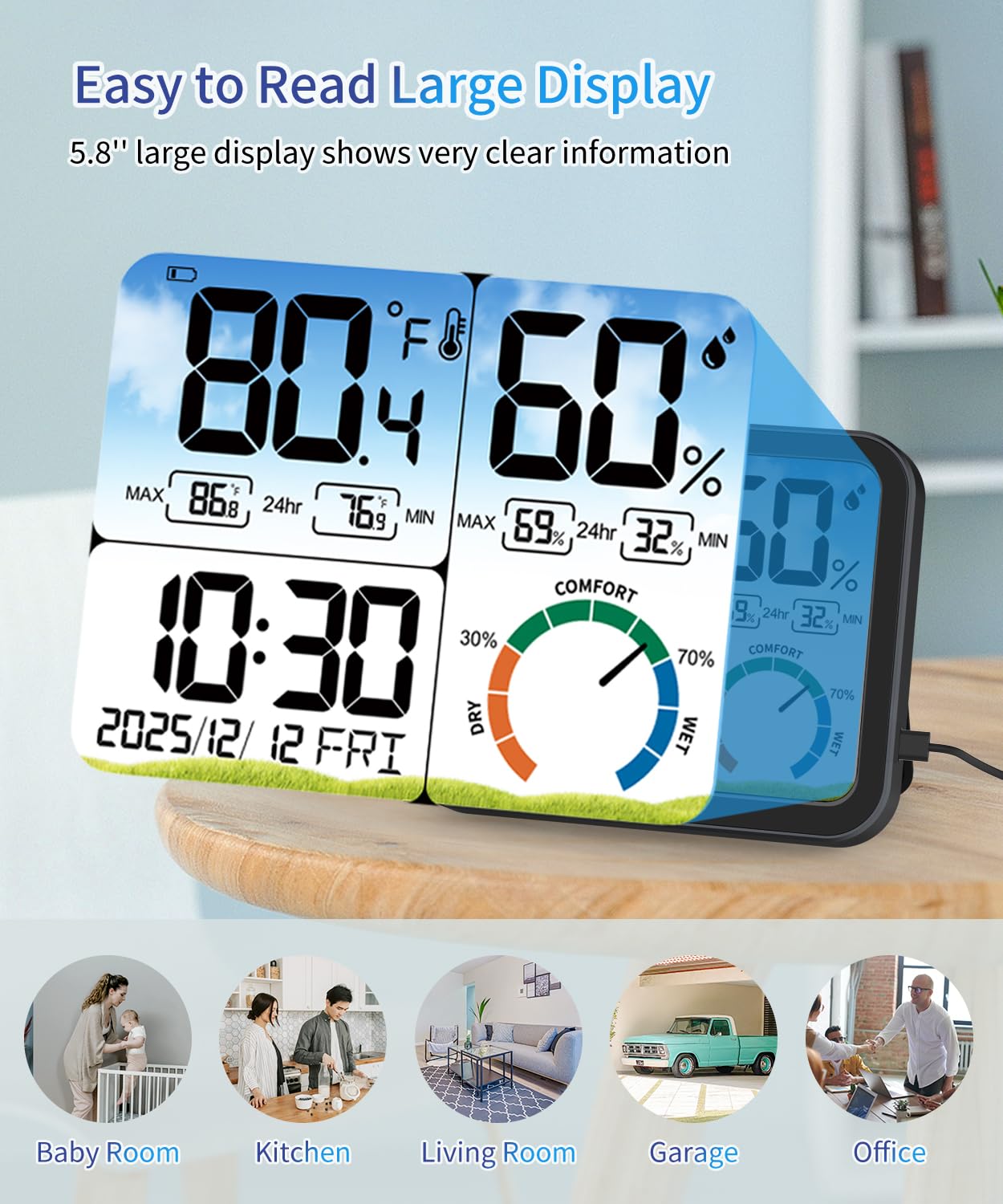 5.8'' Digital Indoor Thermometer Hygrometer, Temp Humidity Monitor & Clock | USB-C & Battery Powered, Large Backlit Display, Calibratable Readings, Max & Min Records, Comfort Level, Date & Time Display