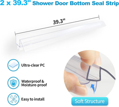 2Pack Frameless Shower Door Bottom Seal Strip for 3/8"(10mm) Glass, 39.3" Ultra Clear Polycarbonate Shower Sweep, Water Guard Barrier