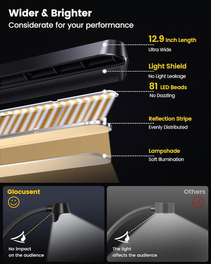 Glocusent Rechargeable Music Stand Light,11.2” Wide Clip On Light for Piano | 57 LED Piano Light, 3 Colors & 5 Brightness Piano Lamp,140Hrs Runtime, For Musician/Piano Player/Sheet Music/orchestra