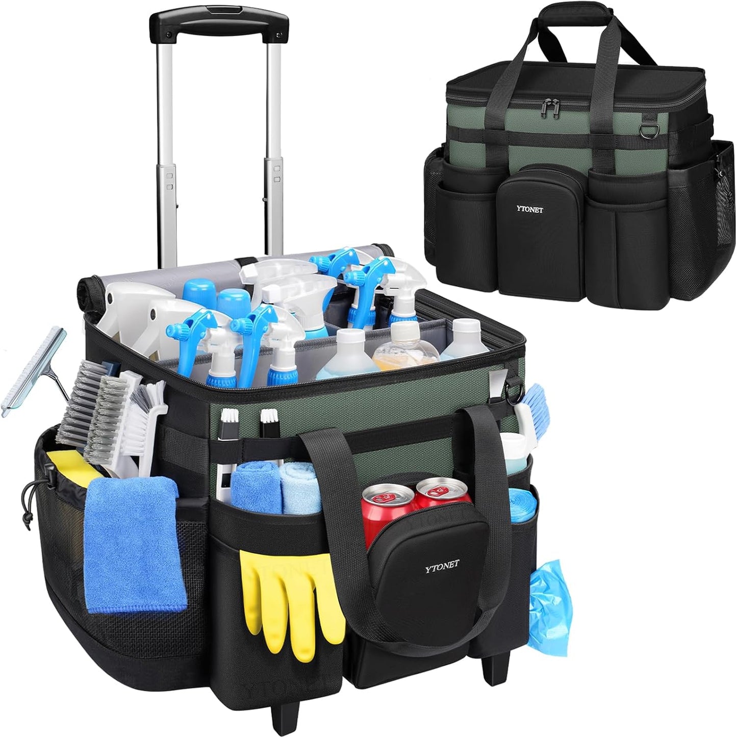 Ytonet Cleaning Caddy with Wheels, Extra Large Rolling Cleaning Caddy Bag | with Detachable Trolley for Housekeepers, Water Resistant Cleaner Supplies Organizer with Wheels for Kitchen, Tool Organizer