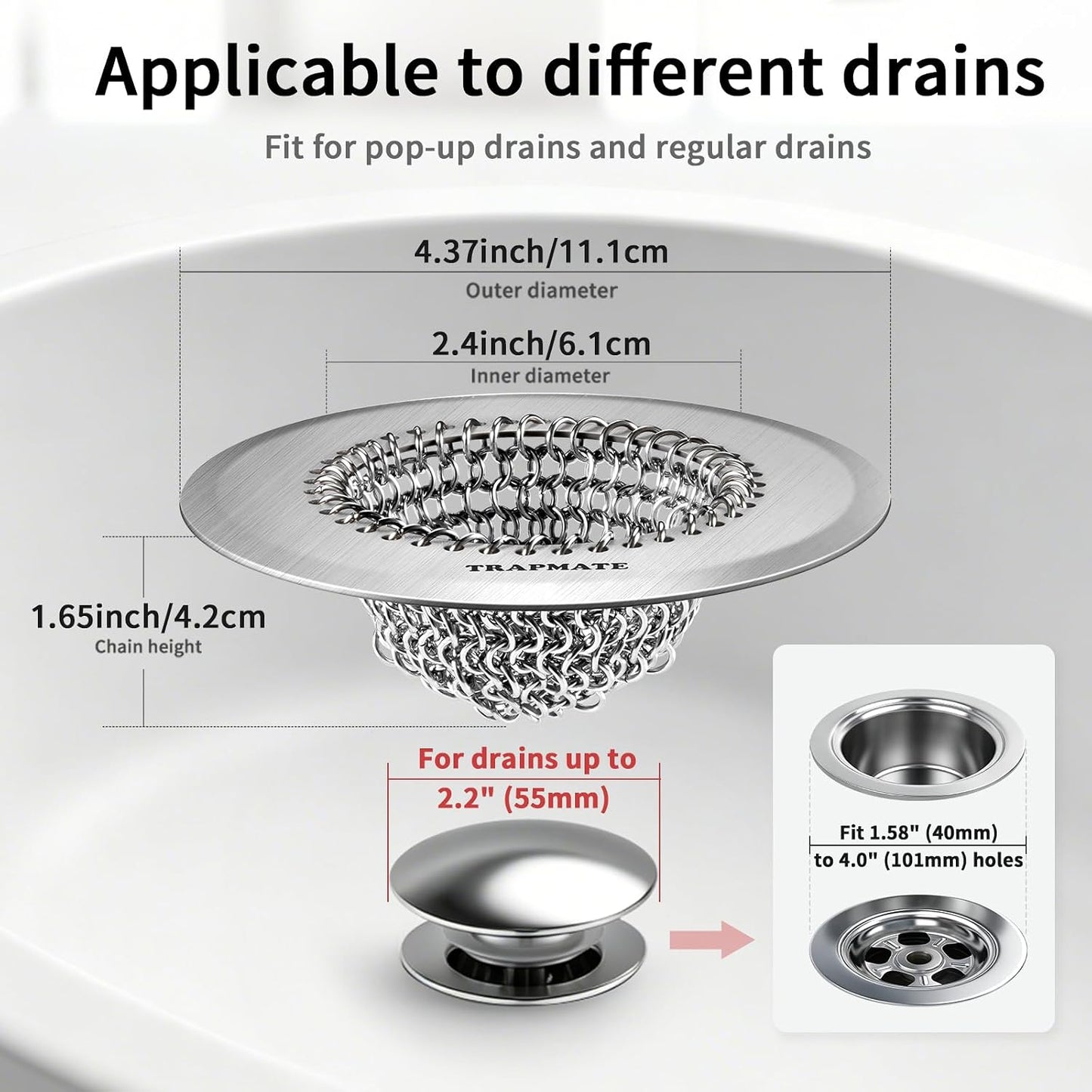TRAPMATE Shower Drain Hair Catcher, 4.4" Anti-Clogging Bathtub Drain Cover | Easy Flip Cleaning, Traps Hair with Fast Drainage, Anti-Slip Drain Protector Fits Regular & Pop-up Drains (Patented Product)