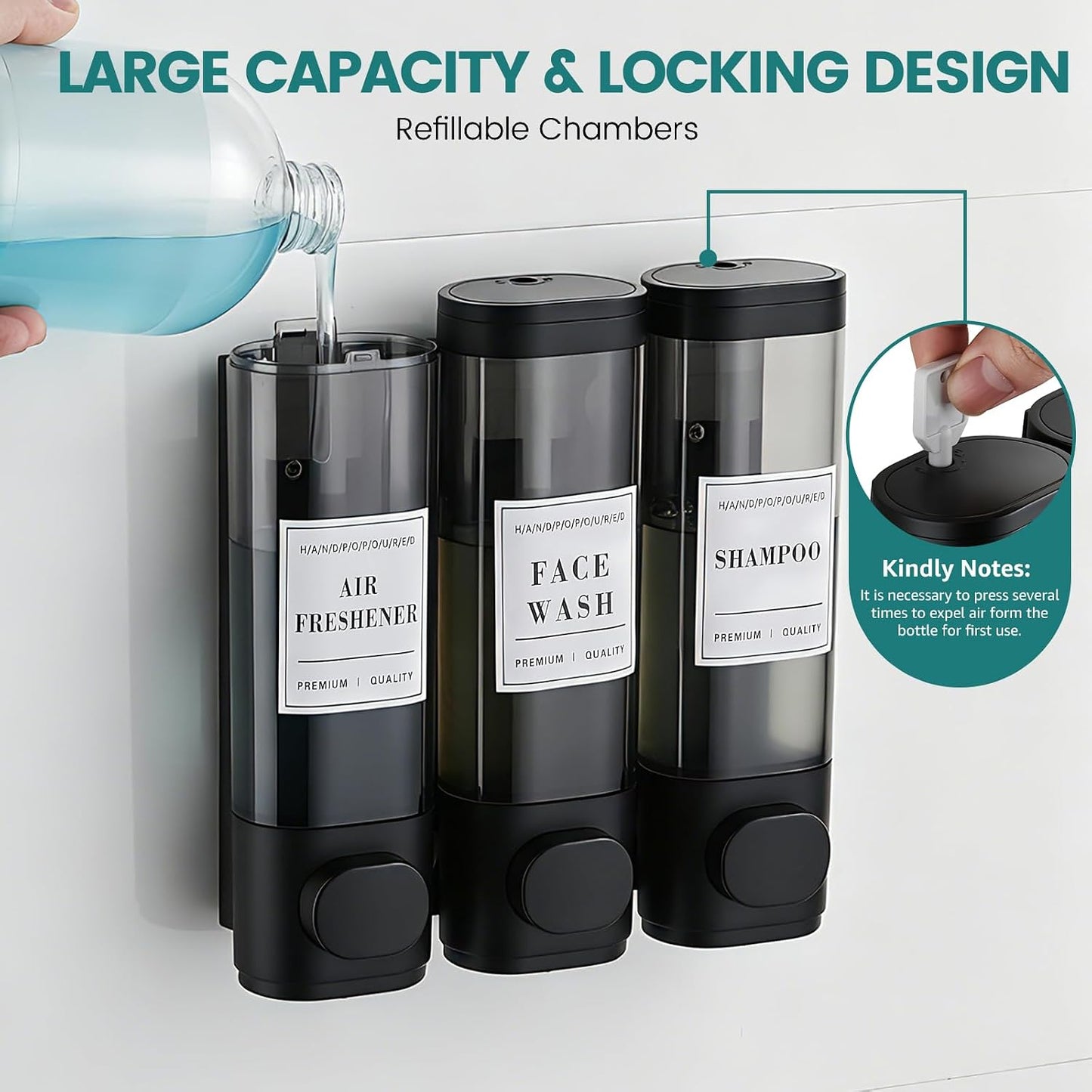 Wall Mounted Shower Soap Dispenser 3 Chamber,No Drill Shower Dispenser | Shampoo and Conditioner Dispenser for Bathroom Hotel Large Capacity, each 300ml with two waterproof labels,Gold