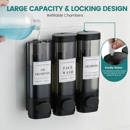 Wall Mounted Shower Soap Dispenser 3 Chamber,No Drill Shower Dispenser | Shampoo and Conditioner Dispenser for Bathroom Hotel Large Capacity, each 300ml with two waterproof labels,Gold