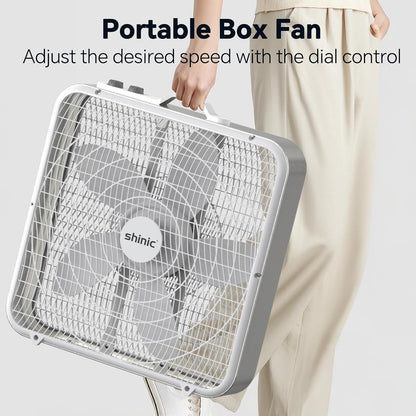shinic 20” Box Fan with Thermostat for Bedroom, 3-Speed Portable Floor Fan with Carry Handle, Powerful Airflow, 5 Blades, Window Fan and Cooling Fan for Home, Office, Garage, Basement, White