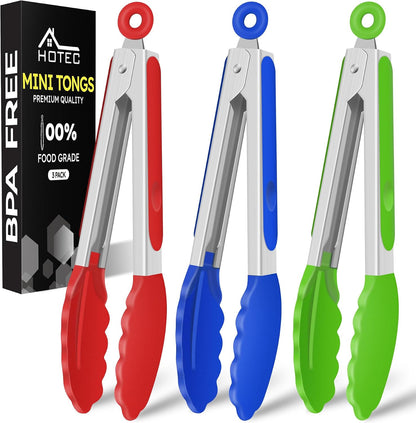 Hotec Mini Silicone Kitchen Tongs for Cooking - 7-Inch Small Serving Tongs with Silicone Tips, Set of 3 (Black,Grey,Light Blue)