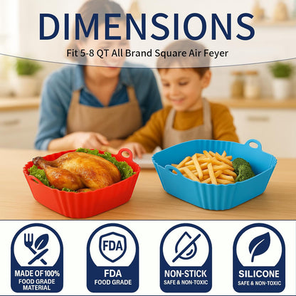 Boribim 2 PCS Square Silicone Air Fryer Liners - 8 Inch Reusable Air Fryer Pot - Air Fryer Accessories - Air Fryer Inserts for 4 to 7 QT Oven Microwave Accessories (Red + Blue)
