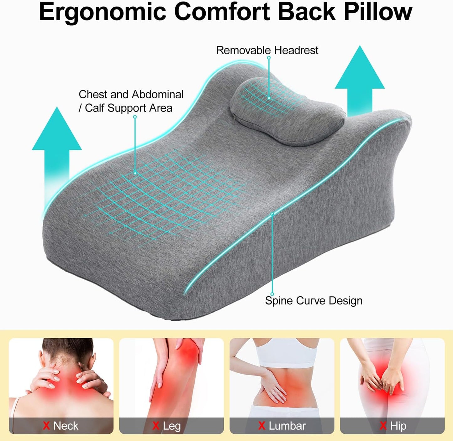 Back Wedge Pillow for Sofa, Lumbar Support Reading Pillow for Bed, Back Support Cushion for Sitting Up, Angled Design for Relaxing, Bedtime and Night Comfort (Light Gray)