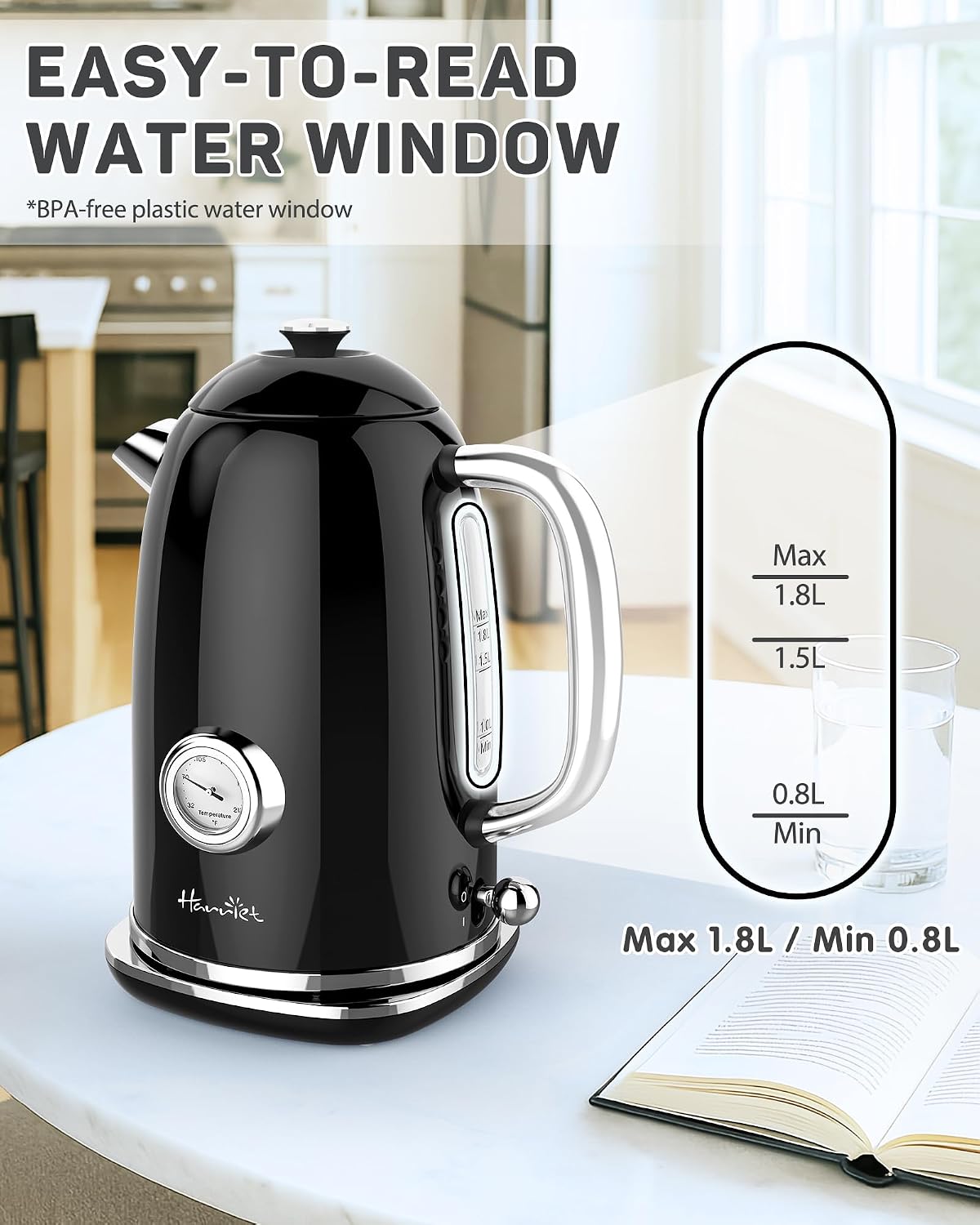 Harriet Electric Kettle, 1.8L Retro Electric Tea Kettle with Thermometer, 1500W Stainless Steel Hot Water Kettle Electric with LED Indicator, Fast Boiling, Cordless, Auto Shut-Off, Yellow