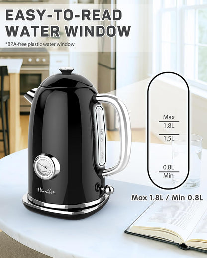 Harriet Electric Kettle, 1.8L Retro Electric Tea Kettle with Thermometer, 1500W Stainless Steel Hot Water Kettle Electric with LED Indicator, Fast Boiling, Cordless, Auto Shut-Off, Yellow