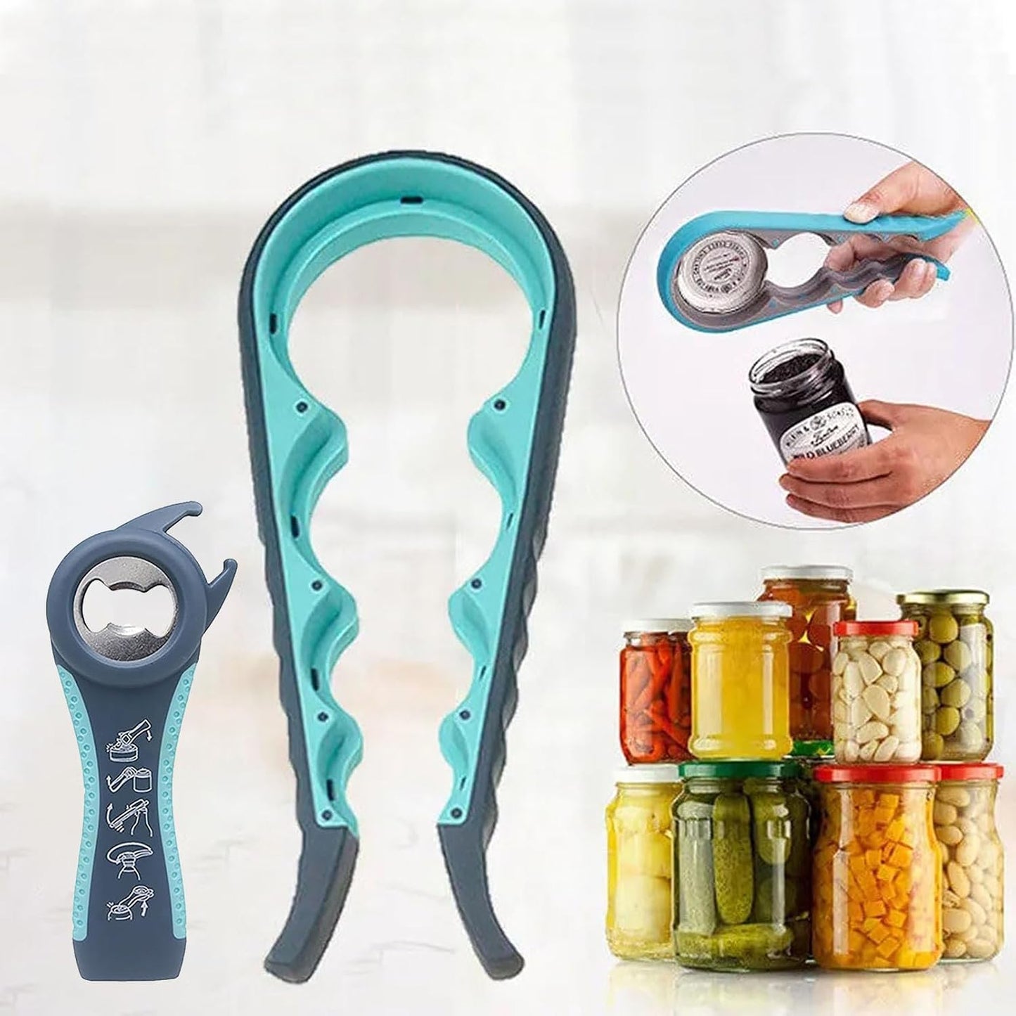 Jar Opener for Seniors with Arthritis,Jar Opener for Weak Hands,5-in-1 Bottle Opener,4-in-1 Can Opener (A-Blue)