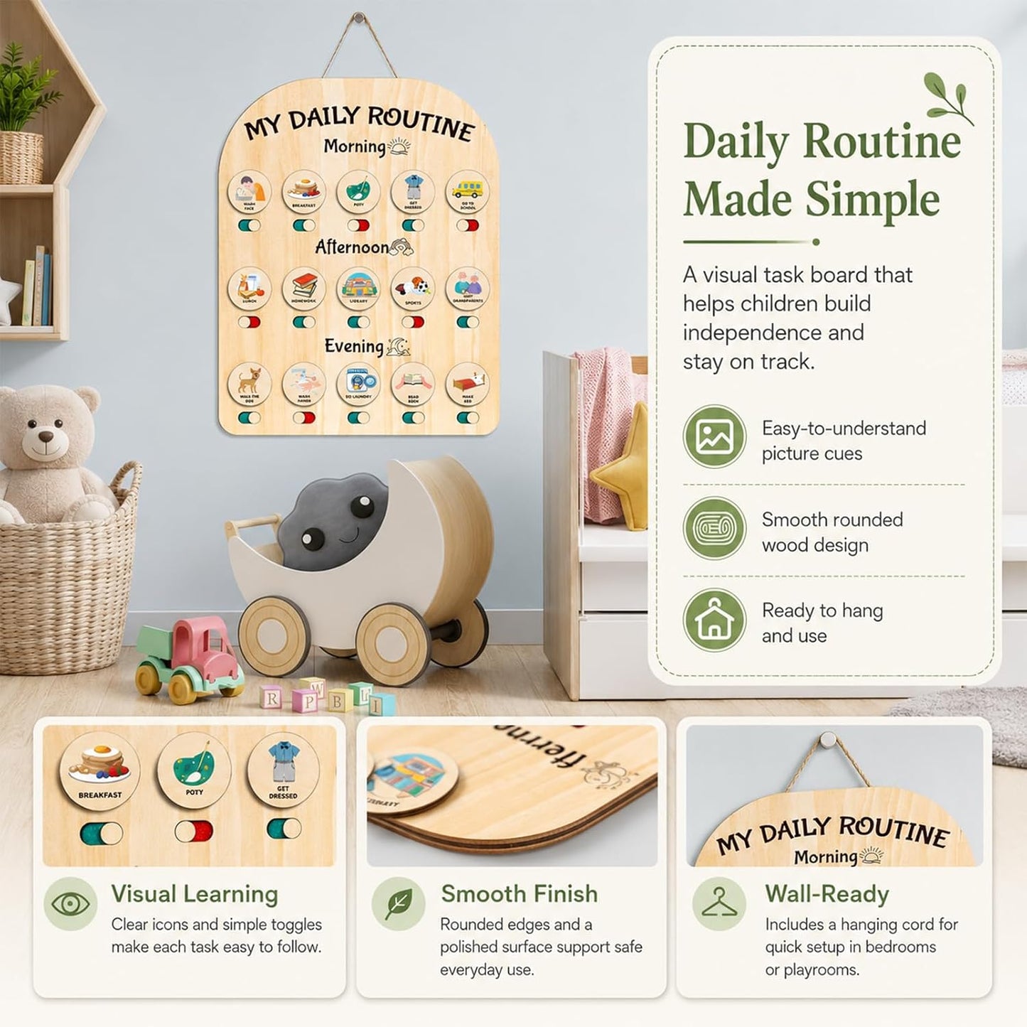 My Daily Routine Chart for Kids with Sliding Checklist – Wooden Visual Schedule Board for 3-5 Years Toddlers, Morning Afternoon Bedtime Activity Chore Chart for Independence Self Discipline