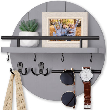 Nekon Key Holder Wall Mount, 11.8” Wood Mail Organizer for Wall, Brown | Round Wall Shelf with 6 Key Hooks, Rustic Key and Mail Holder, Key Hanger for Entryway Hallway Kitchen
