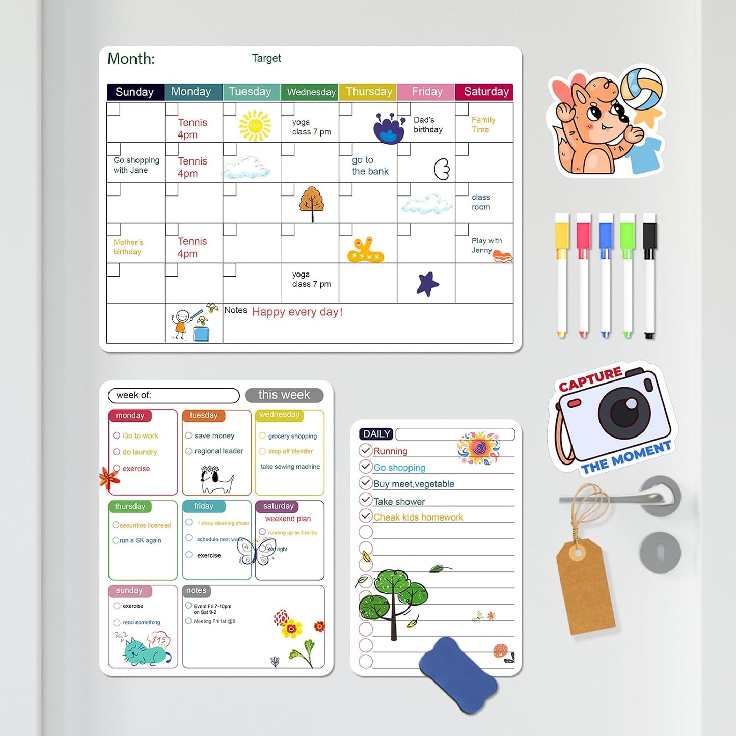 Magnetic White Board Calendar Dry Erase for Fridge | 14.6" x 11" Reusable Refrigerator Calendar for Fridge & Wall, Easy to Clean, Schedule Organizer, with 5 Markers and Eraser