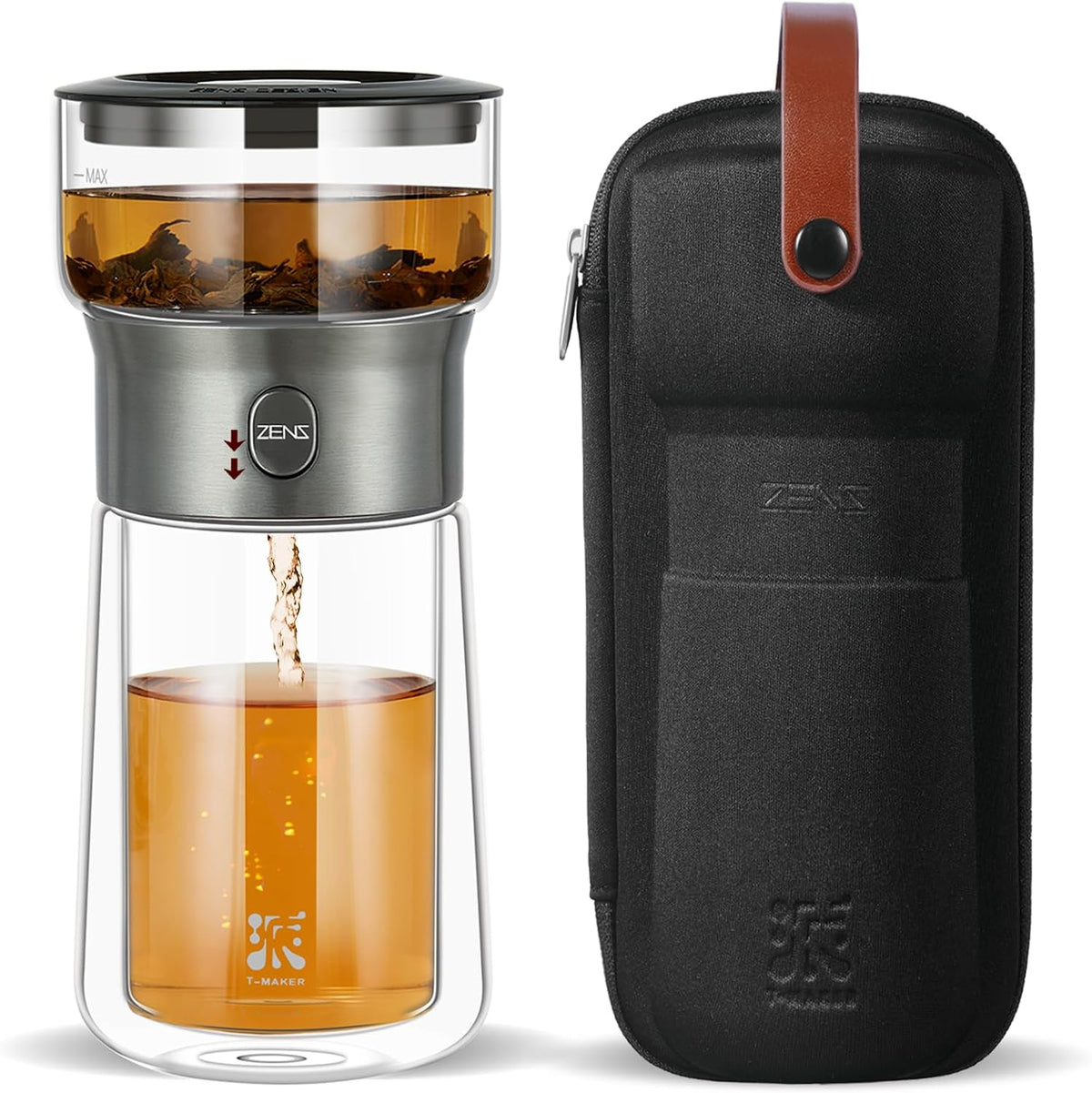 ZENS Glass Infuser Teapot, One Touch Tea Maker for Loose Leaf Tea, Walnut