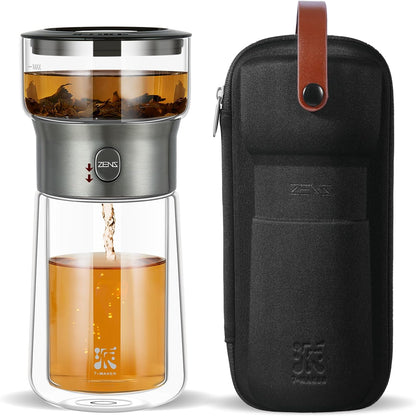 ZENS Glass Infuser Teapot, One Touch Tea Maker for Loose Leaf Tea, Walnut