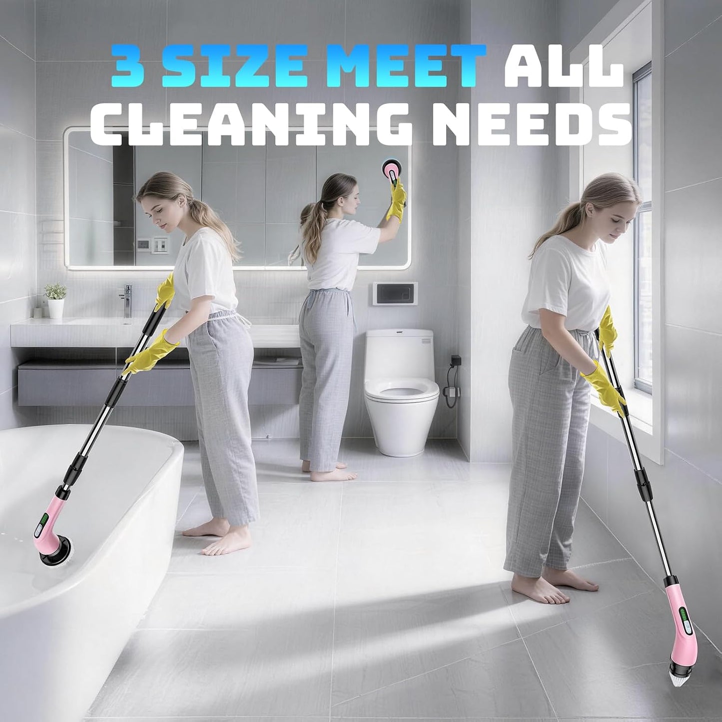 Electric Spin Scrubber, 2-Speed Cleaning Brush, Extendable Handle (White) | Includes 7 reusable brush heads and an IPX7-rated design for cleaning bathrooms, showers, kitchens, tile, floors, and grout