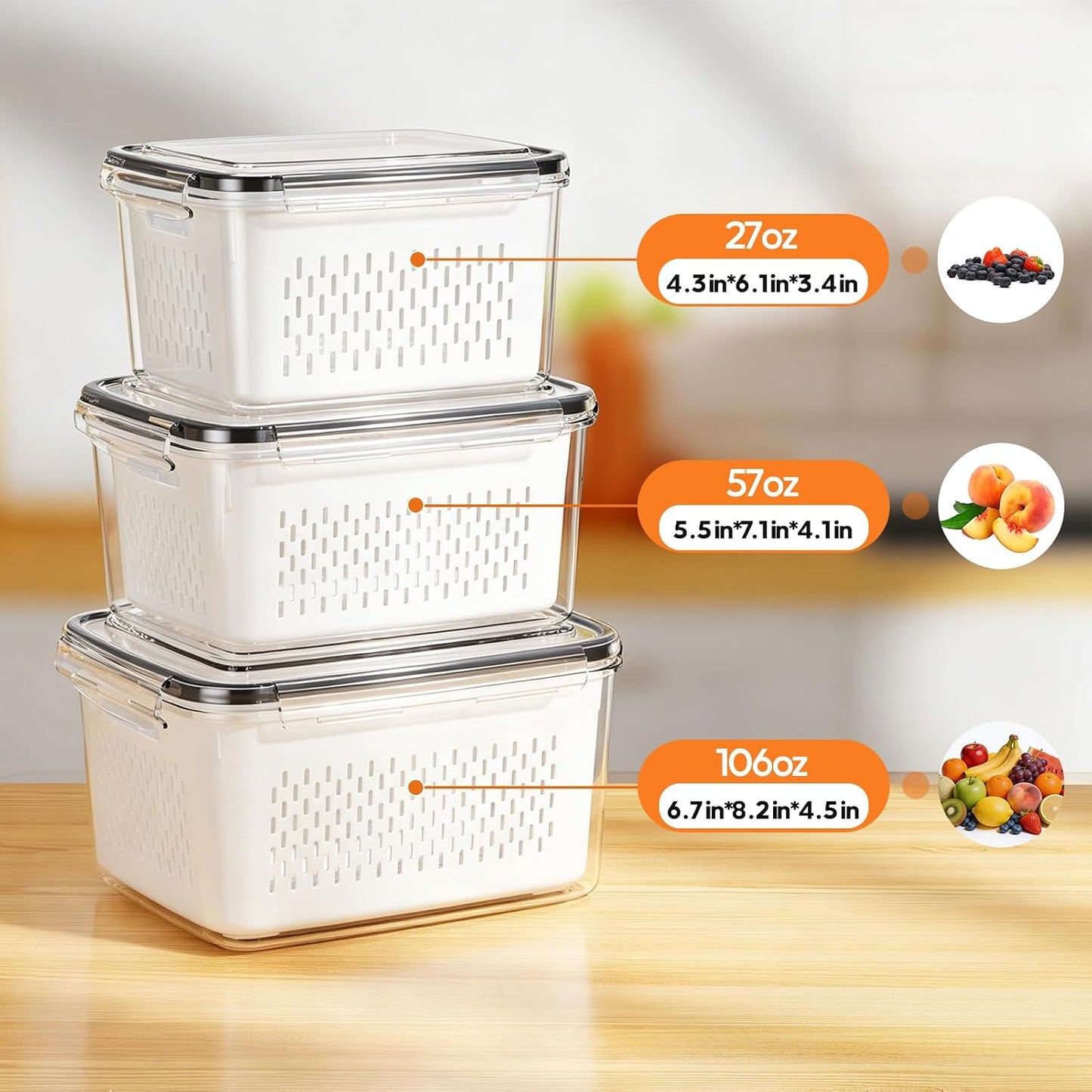 Fruit Storage Containers for Fridge, 3 Pack Plastic Food Storage Container | Produce Storage with Removable Colander, Refrigerator Organizers Keep Fruits Berry Veggie Salad Fresh Longer, Dishwasher Safe
