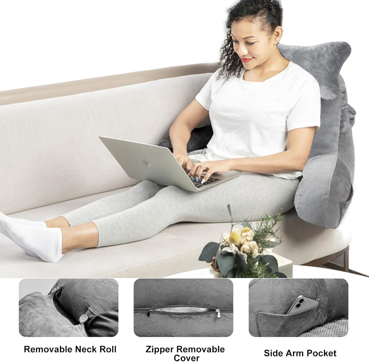 SLIGUY Reading Pillow for Sitting in Bed Couch Adult, Back Pillow with arm Support and Pockets, Adult Back Pillow Bed Chair for Bed Rest, Reading, Watching TV, Gaming for Boys and Girls Dark Grey