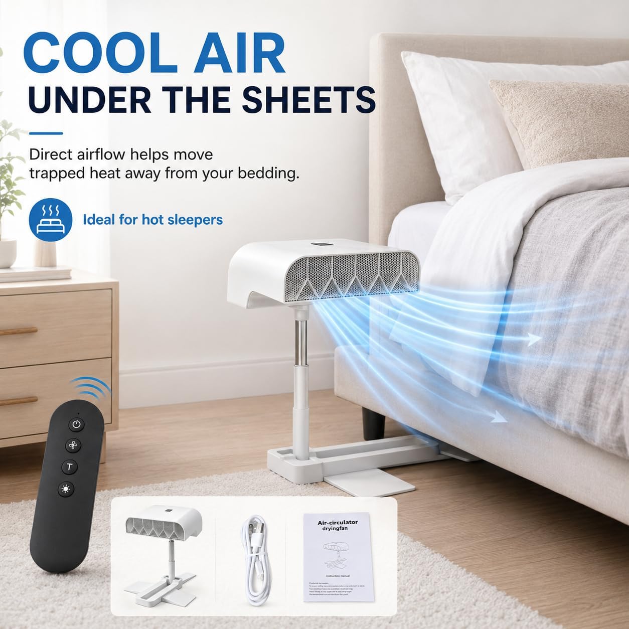 Bed Cooling System,Bed Cooling Fan Under Sheets with 5 Speeds and Remote, Rechargeable,Adjustable Height Mattress Coolings Fan for Hot Sleepers & Night Sweat