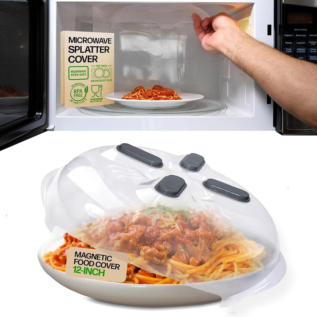 HOVER COVER Tall Magnetic Microwave Splatter Cover for Food, 12 Inch-Black