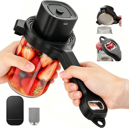 Electric Jar Opener for Seniors with Arthritis, TFCC & Weak Hands Black | Patented Power-Grip Auto-Tighten Manual Lid Opener, Rechargeable 2-in-1 Jar & Bottle Opener with Storage Hook & Non-Slip Pad