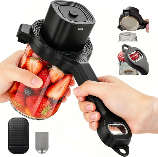 Electric Jar Opener for Seniors with Arthritis, TFCC & Weak Hands Black | Patented Power-Grip Auto-Tighten Manual Lid Opener, Rechargeable 2-in-1 Jar & Bottle Opener with Storage Hook & Non-Slip Pad