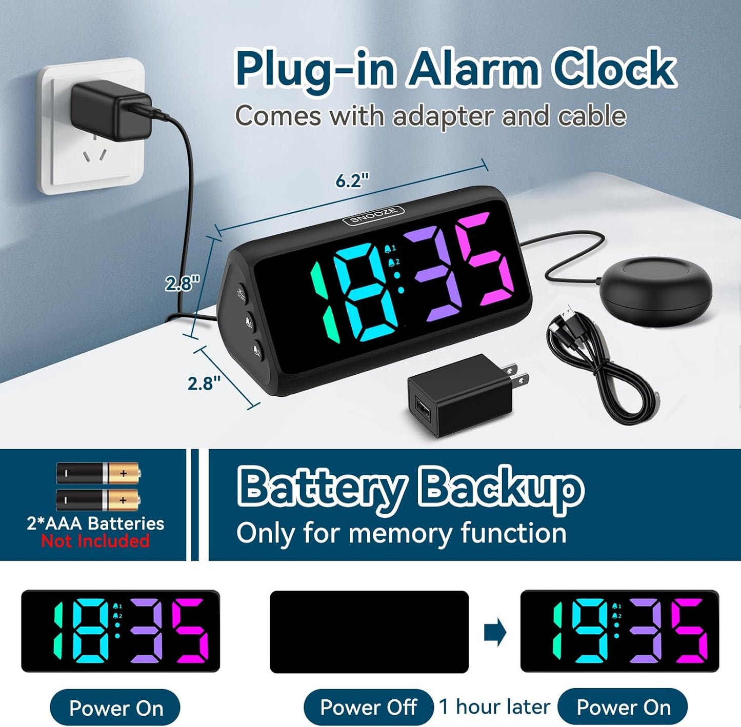 Netzu Loud Alarm Clock for Heavy Sleepers, Plug-in RGB Vibrating Alarm Clocks with Bed Shaker, 5 Dimmers, 2 Alarms and Snooze for Bedrooms Hearing Impaired Deaf Adults (Black)