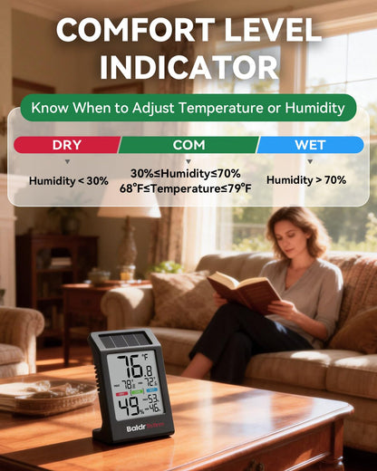 BALDR Solar Indoor Thermometer Hygrometer, Max/Min, Comfort Meter (White) | Solar & Battery Dual Power |No Setup or App Required |Clear Comfort Level Indicator |Flexible Desk or Wall Placement