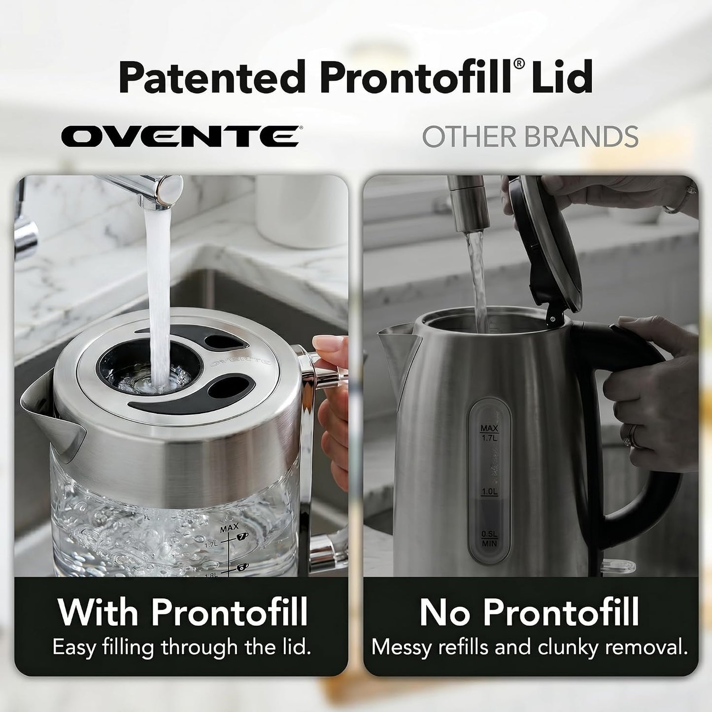 OVENTE 1.7L Double Wall Glass Electric Kettle Water Boiler, Silver KG912S | 1500W Fast Boiling, Easy Fill Lid, Borosilicate Glass, Cool-Touch Design, Blue LED, Auto Shut-Off, Boil-Dry Protection