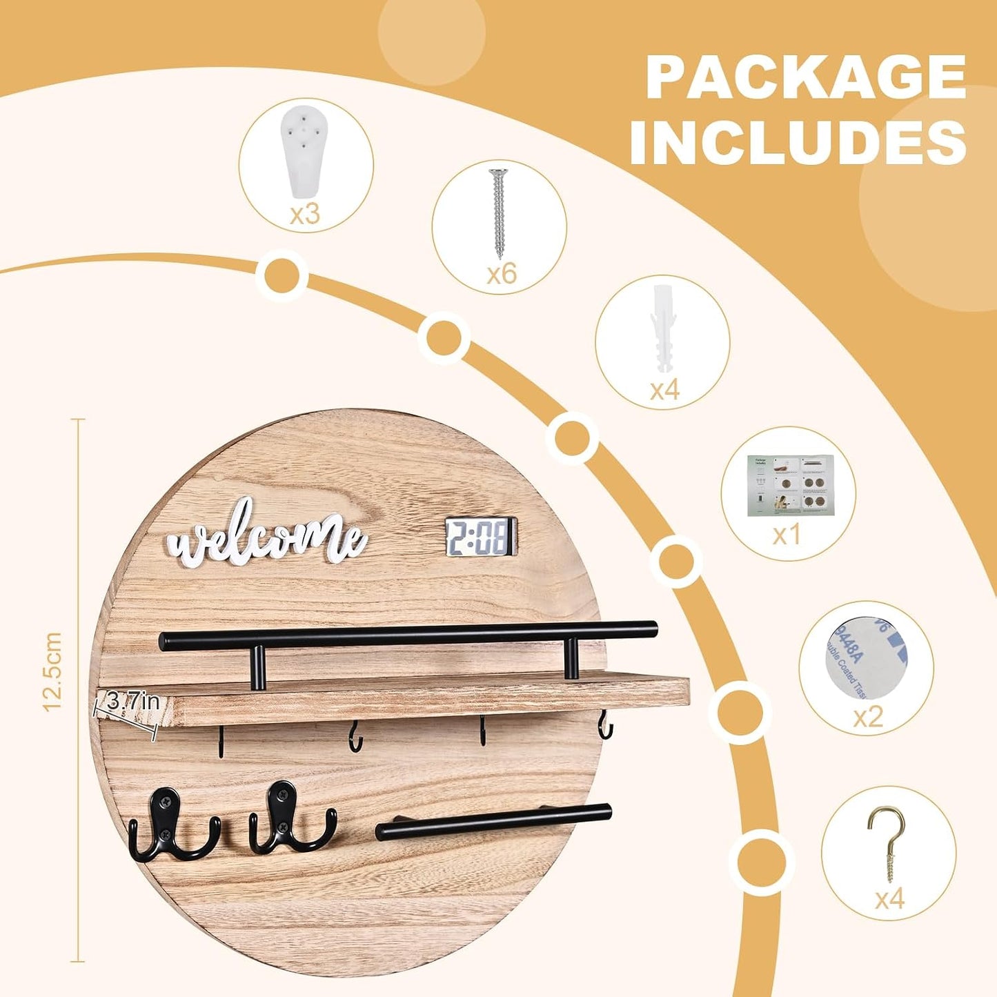 Key Holder for Wall, Key and Mail Holder Organizer with - Key Holder Wall Mount - Round Wooden Rustic Home Decor for Entryway, Mudroom, Hallway, Kitchen Office (Black)
