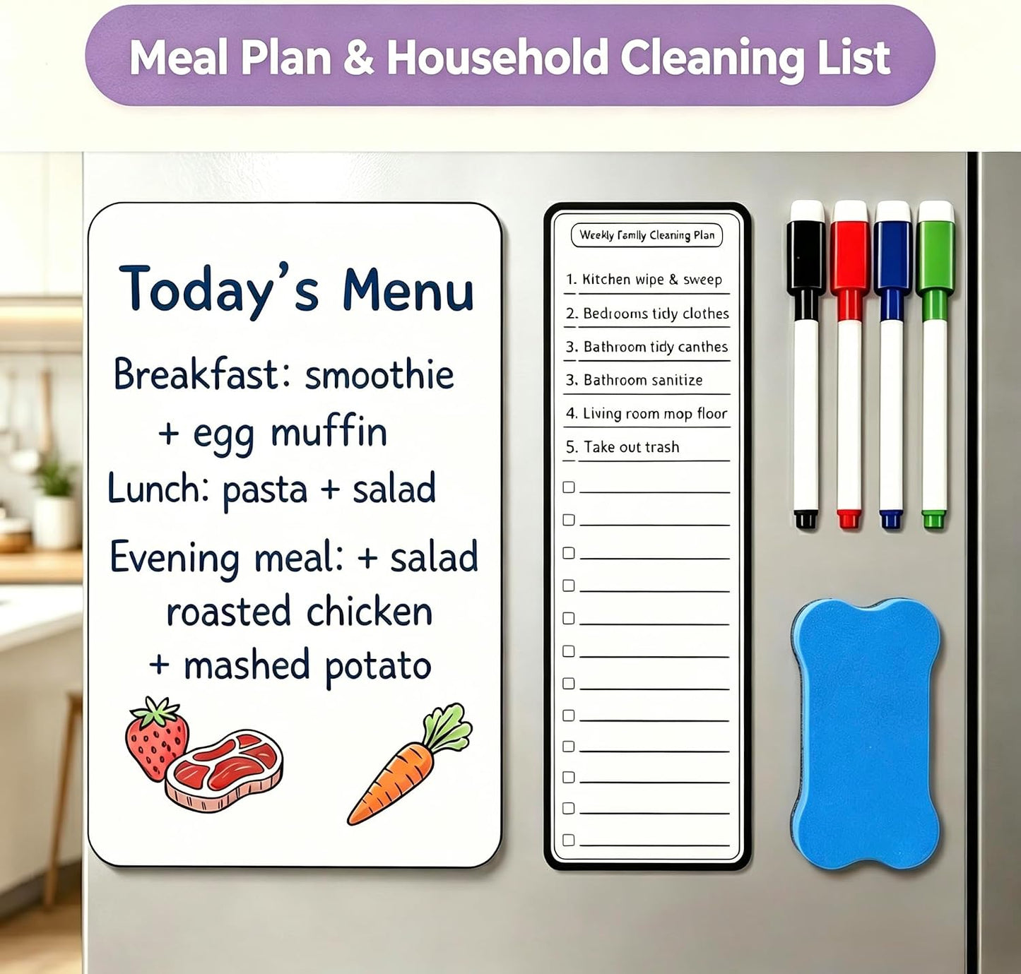 Dual-Sized Magnetic Whiteboard Set for Fridge 4 Markers and Eraser | Magnetic Dry Erase Board, 12" x 8" & 12" x 4" White board Set for Grocery Lists, Weekly Planning and Family Messages Board