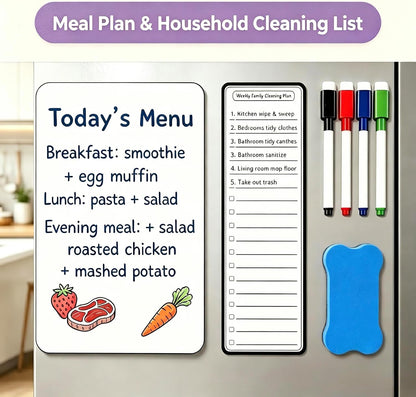 Dual-Sized Magnetic Whiteboard Set for Fridge 4 Markers and Eraser | Magnetic Dry Erase Board, 12" x 8" & 12" x 4" White board Set for Grocery Lists, Weekly Planning and Family Messages Board