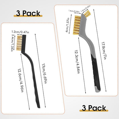 Wire Brush for Cleaning, Small Brass Steel Nylon Brush, Metal Rust Remover | 6 Pcs, Rust/Grease/Paint Removal on Metal/Wood/Grill, Curved Head for Tight Spots, with Hang Hole, Ergonomic Handle, 7 in