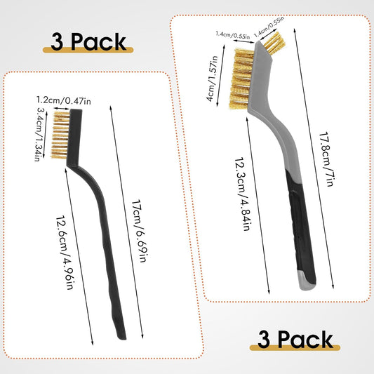 Wire Brush for Cleaning, Small Brass Steel Nylon Brush, Metal Rust Remover | 6 Pcs, Rust/Grease/Paint Removal on Metal/Wood/Grill, Curved Head for Tight Spots, with Hang Hole, Ergonomic Handle, 7 in