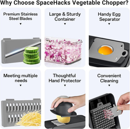 12-in-1 Vegetable Chopper with 7 Blades, Food Veggie Cutter, Green | Includes Egg Separator, Food Container and Finger Guard, Non-slip Base, for Chopping, Slicing, Shredding, and Mincing