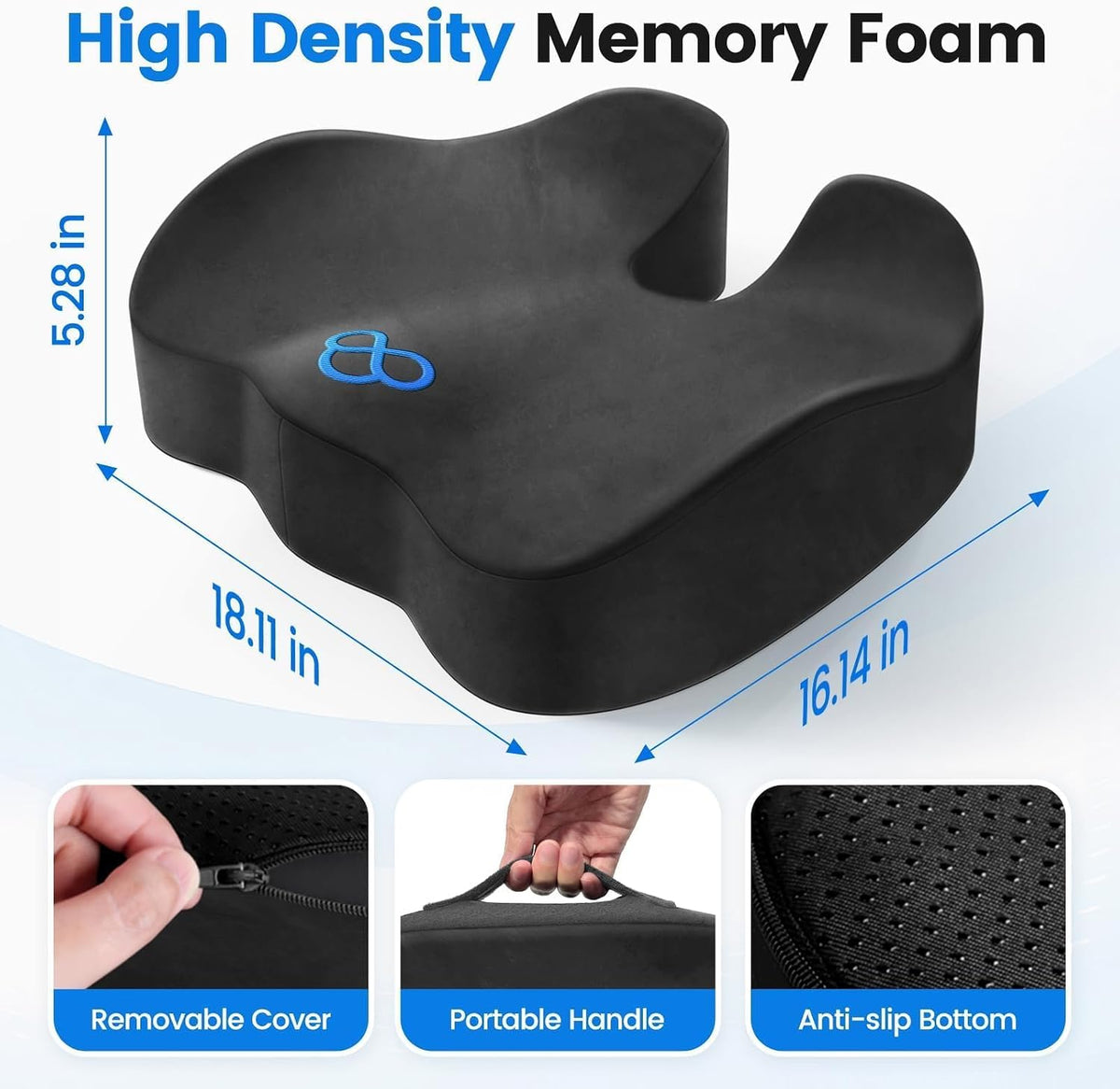 Seat Cushion, Non-Slip Memory Foam Chair Cushion for Taibone, Black/Large