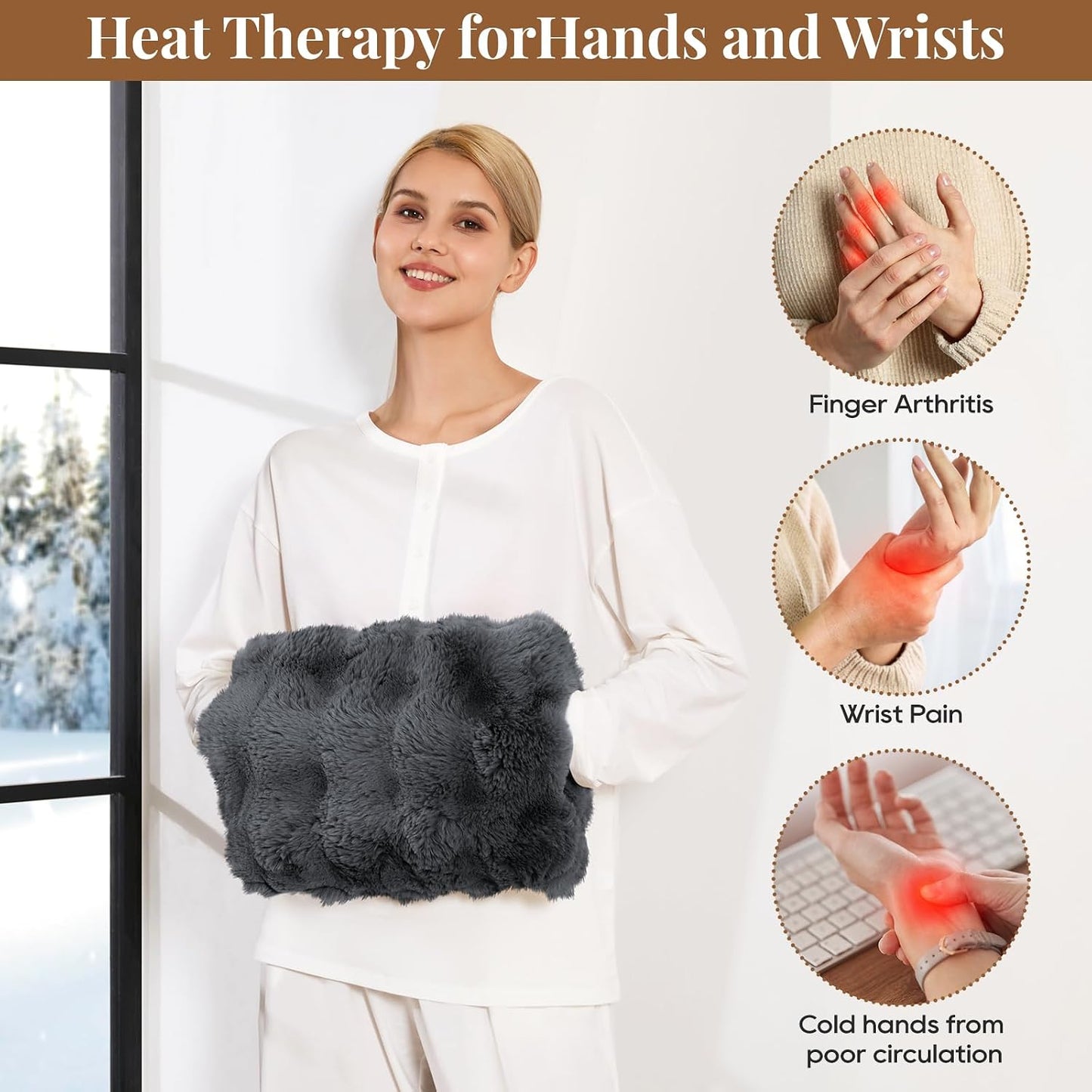 Double-Sided Heating Pad for Hands, Luxury Faux Fur Electric Hand Warmer for Fingers Arthritis, Heated Gloves Indoor Use, Hand Warmer Pouch for Women Men Hand Pain Relief, 3 Levels & Auto Off, Brown