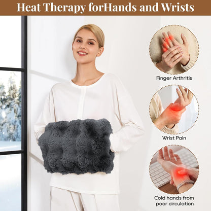 Double-Sided Heating Pad for Hands, Luxury Faux Fur Electric Hand Warmer for Fingers Arthritis, Heated Gloves Indoor Use, Hand Warmer Pouch for Women Men Hand Pain Relief, 3 Levels & Auto Off, Brown
