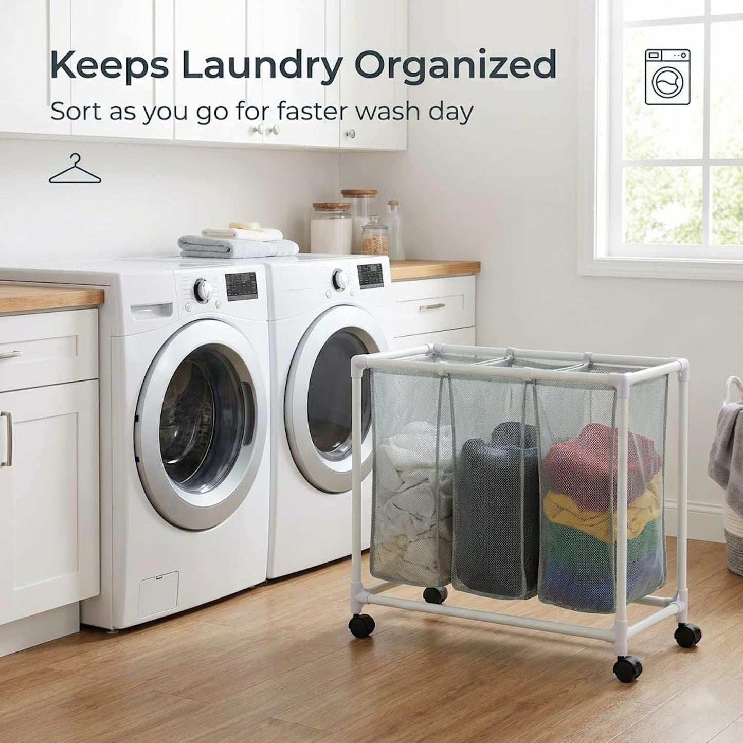 3 Section Laundry Hamper with Wheels & Lid, Large Rolling Laundry Basket Organizer, Durable Mesh Bags for Laundry Room Organizer, Easy Assembly, 29.5L x 19W x 30.5H Inches
