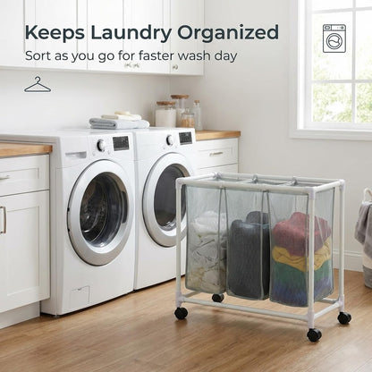 3 Section Laundry Hamper with Wheels & Lid, Large Rolling Laundry Basket Organizer, Durable Mesh Bags for Laundry Room Organizer, Easy Assembly, 29.5L x 19W x 30.5H Inches