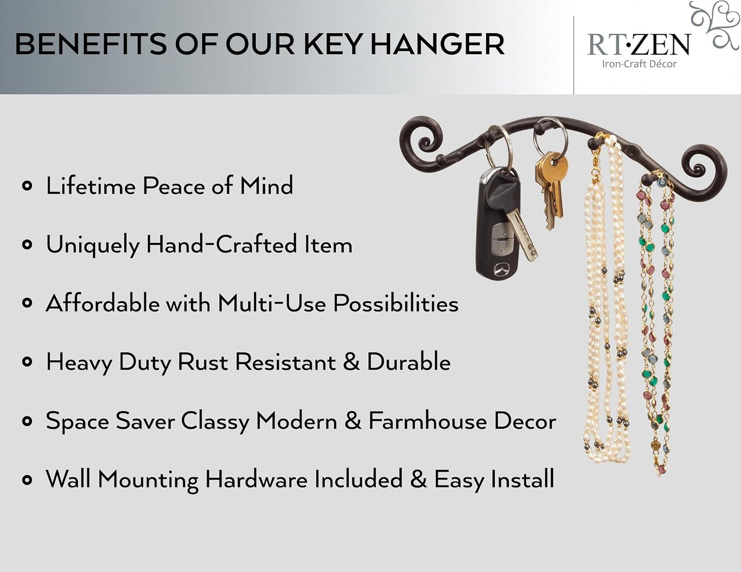 Farmhouse Small Key Holder for Wall, Wrought Iron Wall Mount Rack | Handcrafted Swirl Decorative, 5 Key Hooks for Home Entryway, Purse, Coat and Leash Holder or Organizer (Classic Black)