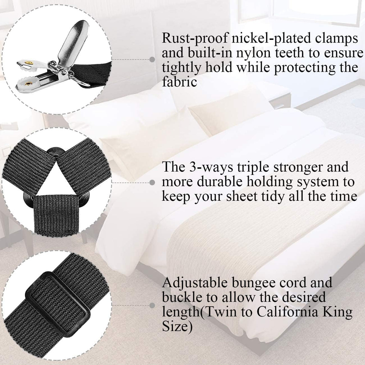 ZHOUBIN Sheet Suspenders Clips, Bed Sheet Straps Mattress Sheet Holders for Twin, Full, Queen, King - Keep Sheets in Place Corner Sheet Grippers Fasteners Sheet Stays