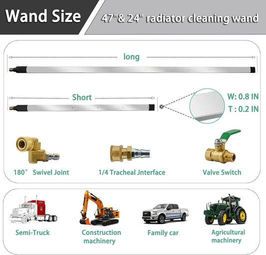 47" & 24" Radiator Cleaning Wand 2-Piece Set, 4500 PSI Pressure Washer Wand Air and Water, Stainless Steel Car Radiator Cleaning Tools kit with Connectors, Cleaning Brush for Tractor, Semi, Truck
