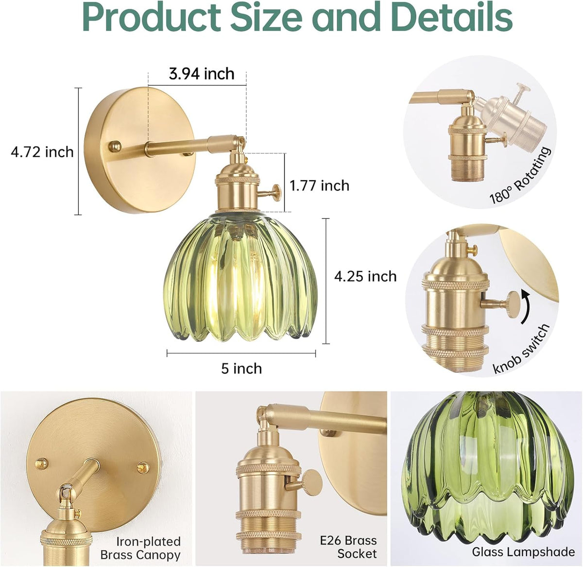 Shenmoyl Vintage Battery Operated Wall Sconce with Green Tulip Glass Lampshade Rechargeable Battery Powered Wall Light with Remote Control for Bedside Bedroom Doorway