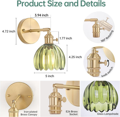 Shenmoyl Vintage Battery Operated Wall Sconce with Green Tulip Glass Lampshade Rechargeable Battery Powered Wall Light with Remote Control for Bedside Bedroom Doorway