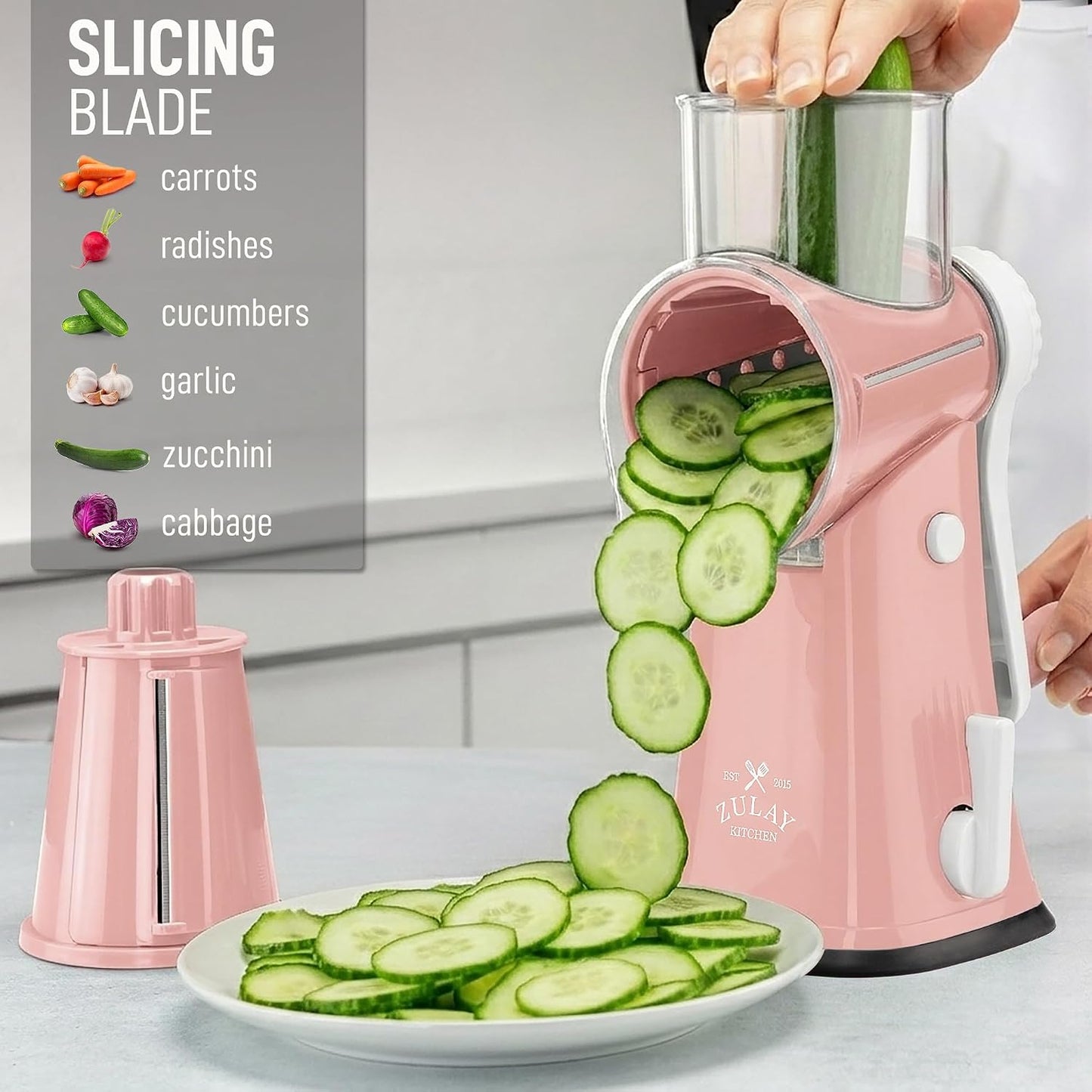 Zulay Kitchen Rotary Cheese Grater 5 Blade Cheese Shredder - Manual Hand Crank Cheese Grater With Reinforced Suction & 5 Interchangeable Drums - Easy to Use, Vegetable Chopper Round Mandoline Slicer - Colors B
